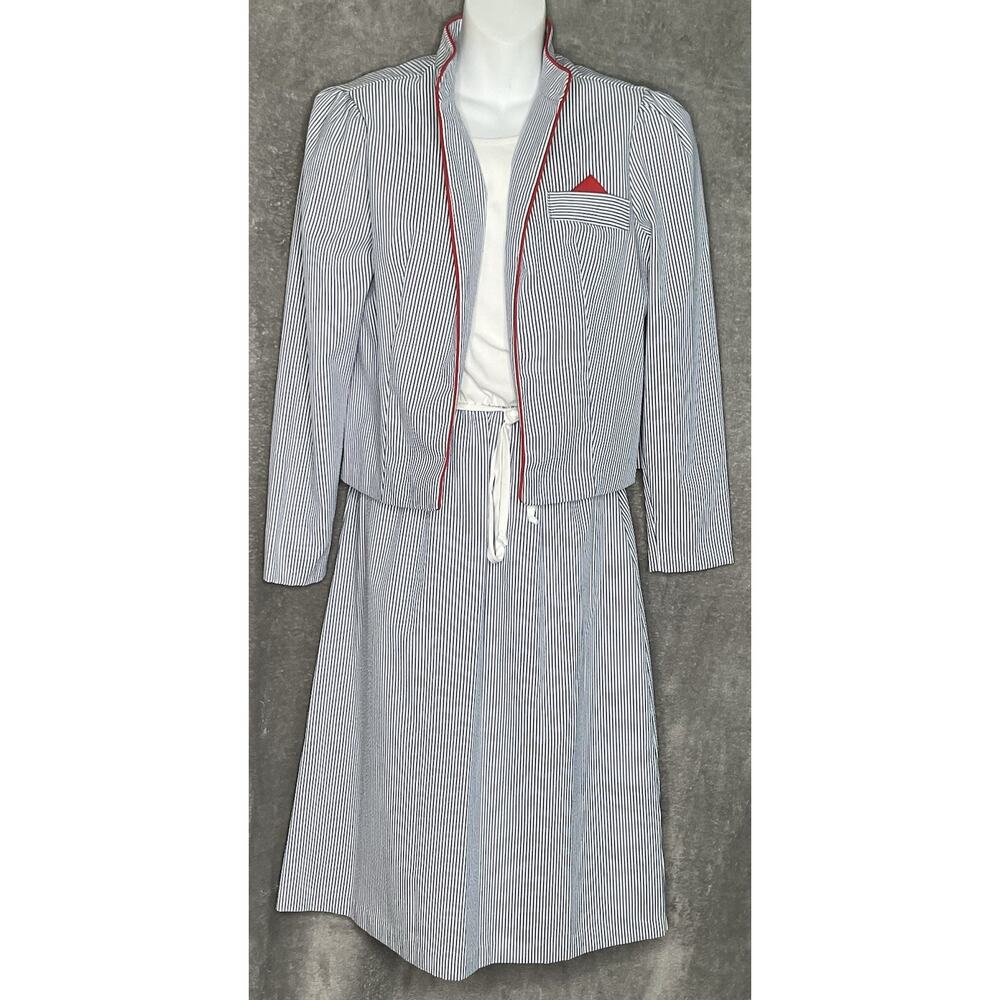 Vtg Breli USA 2 Pc Dress Set Blue & White Pinstripe Jacket Sz 12 Fits Small